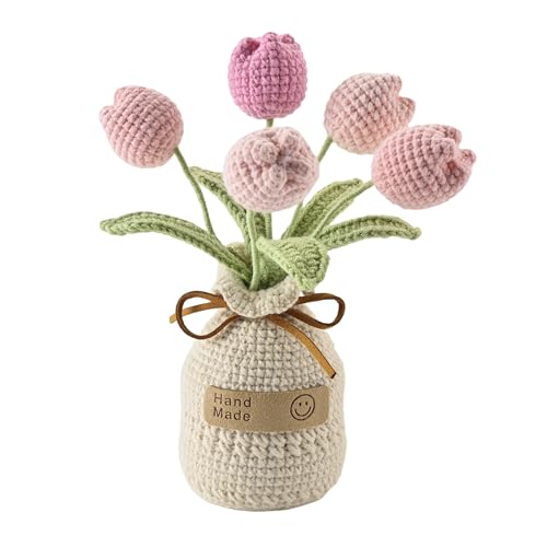 Crochet Woven Tulips with Wool,Simulation Plant Crochet Hand-Woven Flowers for Home Room Table Office Ornaments and Birthday Gifts for Family Friends Anniversary（5 Flowers-Pink ） - color: Pink B, size: B