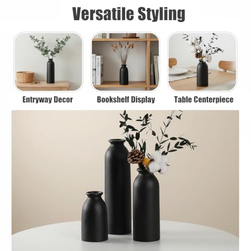 CEMABT Black Ceramic vase Set-3 Flower vases for Decor,Modern Boho Farmhouse Home Decor,Decorative vase for Pampas Grass&Dried Flowers,idea Shelf,Table,Bookshelf - color: 3set-tall Black