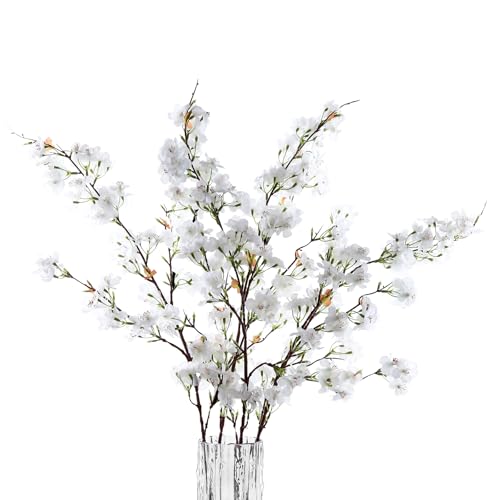4pcs Cherry Blossom Branches Artificial Flowers for Spring Tall Vase Decoration,40" Long Stem Fake Cherry Flowers for Home Wedding Party Bedroom Table Centerpiece Arrangement Decor(White) - color: White