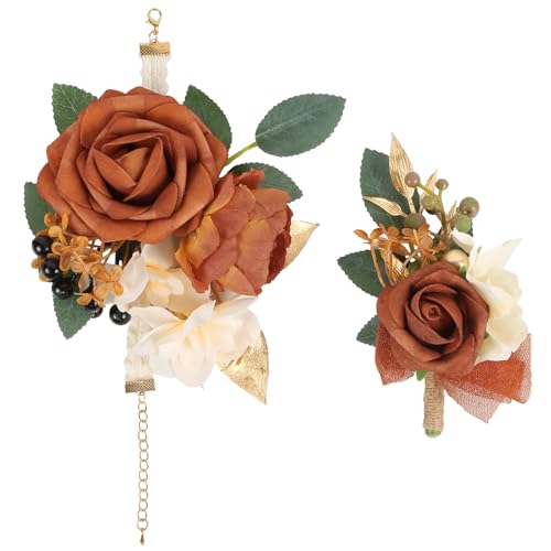 2Pcs Wedding Corsage and Boutonniere Set Orange Rose Corsage Wristlet and Boutonniere for Men Women Groom Bride Bridesmaid Groomsmen Wedding Party Accessory Prom Decoration (Orange) - color: Orange