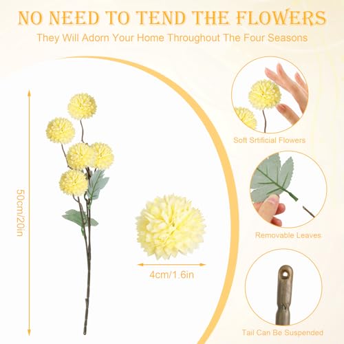 INQCMY Artificial Flowers 12 Pcs Fake Chrysanthemums Faux Kiku Yellow Flowers Long Stem 20" Realistic Silk Pompon Mums for Vase Wedding Bouquets Centerpieces Home Decor - color: Yellow