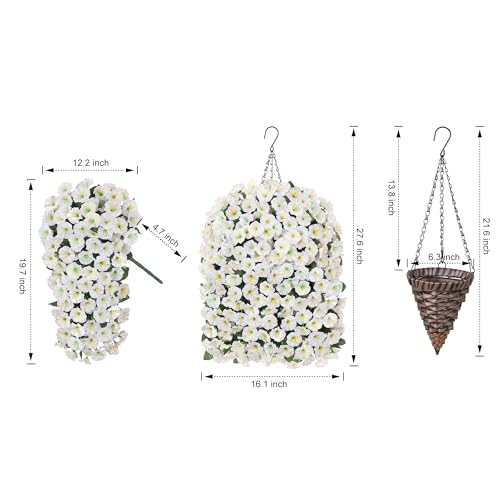 HyeFlora Artificial Faux Hanging White Flowers Plants Basket for Outdoor Outside Christmas Winter Decor, Fake UV Resistant Realistic Morning Glory Flowers for Porch Home Balcony Yard Patio Decoration - color: White Morning Glory