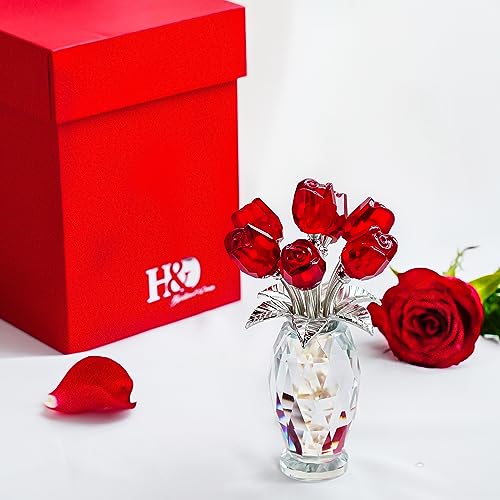 H&D HYALINE & DORA Crystal Rose Flower Figurine,Glass Flower Bouquet Ornament,Glass Rose Gift for Christmas Mother's Day Valentine's Wedding Party - color: Red 1