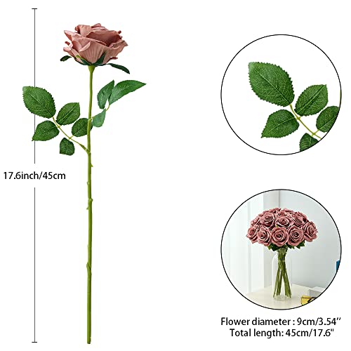 15pcs Dusty Rose Artificial Flowers Roses Fake Silk Flowers Faux Long Stem Artificial Roses for Wedding Party Bridal Show Decorations (VASE is NOT INVLUDED) - color: Dusty Rose