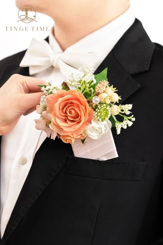 Tinge TIME Luxury Groom Boutonniere for Wedding, 1 PCS Pocket Boutonniere for Men Wedding, Artificial Corsage for Prom Formal Dinners Homecomings Anniversaries Ceremonies (CoralPink&Champagne) - color: Coralpink&champagne