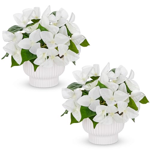 Small Artificial Bougainvillea Plant, 2PCS Fake Bougainvillea Flower Potted Plant for Indoor Home Living Room Office Wedding Party Tabletop Decoration, White - color: White