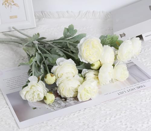 IPOPU White Peonies 6pcs White Artificial Ranunculus Flowers18Heads Faux Peonies 20.47" White Fake Flowers for Floral Arrangements Wedding Decorations for Home Decor Indoor - color: White