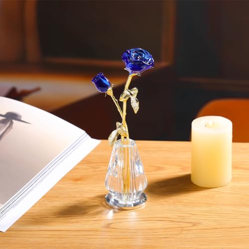 Arikyrist Crystal Rose Flowers Figurines Home Decor, Blue Glass Flowers with Stems, Collectible Figurines Crystal Rose Flower Gifts for Women on Mother's Day Valentine - color: Blue