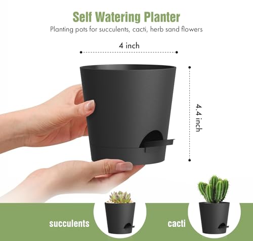 WSMKSZ 4 inch Self Watering Pots for Indoor Outdoor Plants, 6 Pack Plastic Flower Planters with Drainage Holes and Removable Saucers, Plant Pots with Wicking Rope, Modern Decor, Black - color: Black, size: 4inch 6pcs