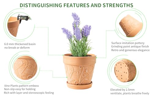 Melphoe Plant Pots Indoor with Drainage & Saucer, 2Pack 8 inch Flower Pots Outdoor Planters for Indoor Plants Garden Home Decor Cactus Succulent, Rigid Plastic (Imitation-Terracotta) Vine-Embossed - color: Terracotta Color, size: 8''