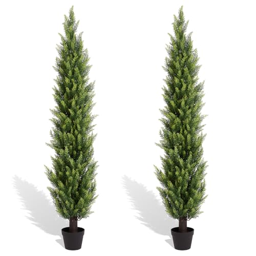 6FT Artificial Topiary Trees Outdoor Set of 2, UV-Resistant Faux Cedar Trees for Outdoor Planters, Tall Evergreen Plants for Front Porch, Entryway, Patio Decor - size: 6ft
