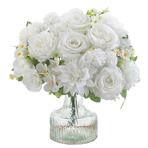 4 Pcs Mixed Artificial Flowers Set, Small Artificial Peony Bouquet Fake Rose Flower Silk Floral Arrangements for Table Centerpiece Home Wedding Party Bridal Decoration(White, 2 Bouquets & 2 Stems) - color: White, size: Mixed 4pcs