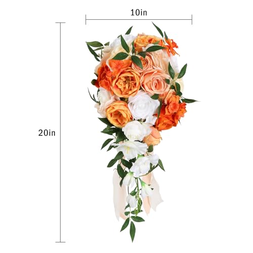 Wedding Bouquet,10 Inch Terracotta Bouquet Cascading Bridal Bouquets for Bride for Wedding Ceremony and Anniversary(Orange) - color: Orange