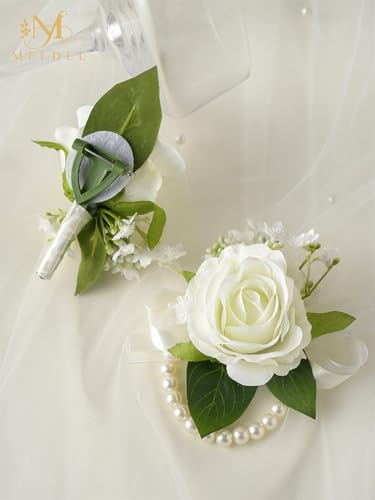 Ivory White Rose Wrist Corsage and Boutonniere Set for Prom Wedding | Artificial Silk Rose Women Pearls Corsage with Men Boutonniere for Wedding Accessories Prom Ceremony Party - color: White Wrist Corsage and Boutonniere Set