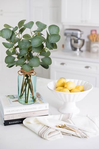Briful Artificial Eucalyptus Stems in Blue Glass Vase with Faux Water, 14" Fake Plant Eucalyptus Leaves for Home Farmhouse Wedding Centerpiece Bathroom Décor - color: Blue