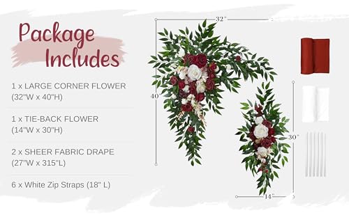 Wedding Arch Flowers with Drapes Kit (Pack of 4) - 2pcs Artificial Christmas Marsala Deluxe Swag with 2pcs Sheer Drapes for Wedding Ceremony Arbor Reception Backdrop Rose Floral Decoration - color: Marsala