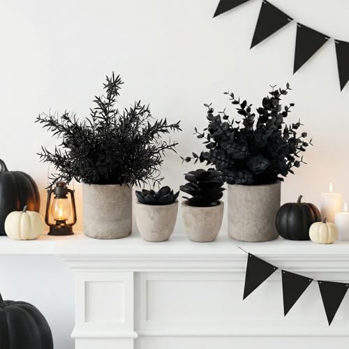 ALAGIRLS 4 Packs Fake Plants Small Artificial Plants Indoor Black Eucalyptus Rosemary Succulents Plants Potted Faux Plants for Home Indoor Office Bathroom Living Room Decor - color: Black-4pc