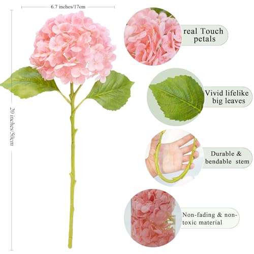 Jahe 4 Pcs Hydrangea Artificial Flowers, 20'' Tall Large Bloom Faux Hydrangea Flowers,Real Touch Fake Flowers, Bouquet Home Wedding Party Decor, DIY Floral Arrangement, Pink - color: Pink