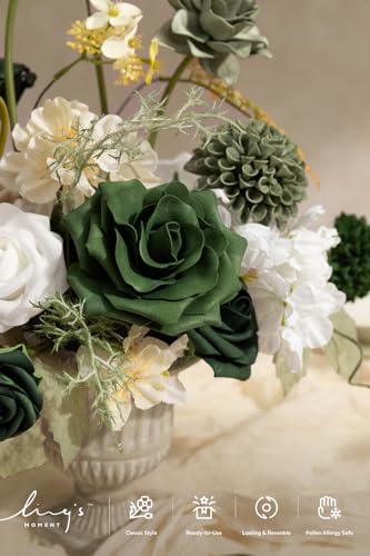 Ling's moment Fake Flowers Box, Faux Artificial Greenery Stems Foam Roses Dahlia Silk Ranunculus Fabic Flower for Centerpieces Bouquet Wedding Vase Decorations, Emerald & Tawny Beige, Grand Combo - color: Grn-emerald & Tawny Beige, size: Grand