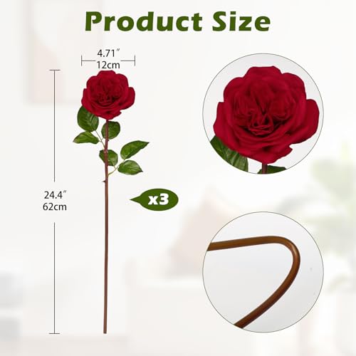 Artificial Roses - Set of 3 Long-Stem Real Touch Silk Rose, 24.4" Faux Flowers for Home Decor, Wedding Bouquets, Centerpieces & Floral Arrangements – Lifelike Red Fake Roses - color: Dark Red