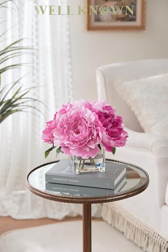 Artificial Peonies Flowers Arrangements in Cube Glass Vase, WELLKNOWN Silk Flower Centerpieces for Dining Room Table, Coffee Table Decor, Faux Peony Flowers with Faux Water (Bicolor Purple) - color: Bicolor Purple