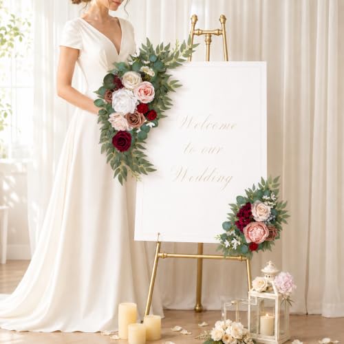 AitnWoy Artificial Wedding Arch Flowers Kit 2 PCS Dust Rose Flowers Silk Peony Floral Swag Welcome Sign for Wedding Ceremony Party Home Garland Decor - color: Burgundy Red, size: 28" + 11"