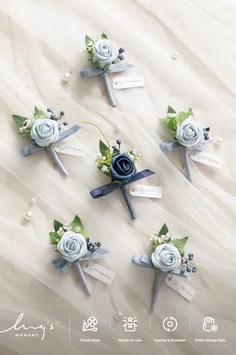 Ling's Moment Boutonniere for Men, 6pcs Groom Groomsmen Boutonniere with Built-in Pins, Artificial Flowers for Wedding Decor/Prom/Homecoming, etc.Dusty Blue Light Blue - color: Blu-dusty Blue & Light Blue