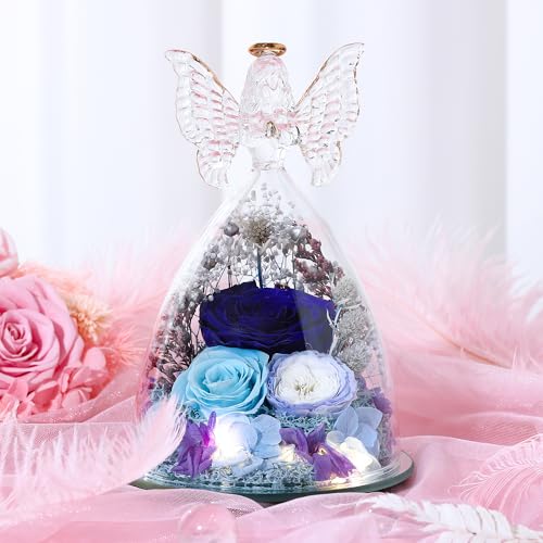Mothers Day Rose Gifts for Women Preserved Real Flower in Glass Angel Figurines Roses for Delivery Prime Birthday Gifts for Mom Grandma Girlfriend Wife Her,Blue Austin Roses - color: Blue With Austin Roses