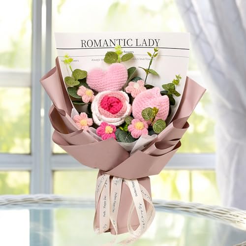 Crochet Flower Bouquet, Crochet Rose Tulip Love Heart Bouquet for Mother's Day, Anniversary, Birthday, Gift for Lover, Girlfriend, Wife, Mom, Pink - color: Zz: Pink - Love Heart