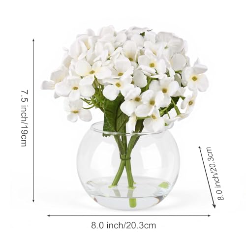 2 Pcs Hydrangea Artificial Flowers - Fake Flowers Real Touch Floral Arrangement with Faux Water in Glass Vase, Home, Bathroom and Office Table Centerpiece Decor（White） - color: White