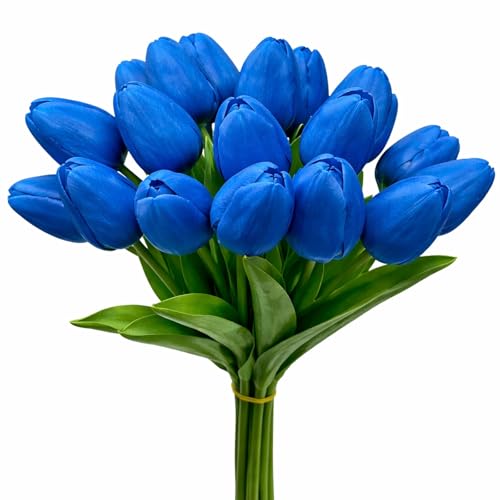 20 Pcs Tulips Artificial Flowers, 13.5'' Real Touch PU Fake Flowers Bouquet for Home Party, Spring Wedding Floral Arrangement, Valentine's, Easter and Mother's Day Decor (Blue) - color: Blue