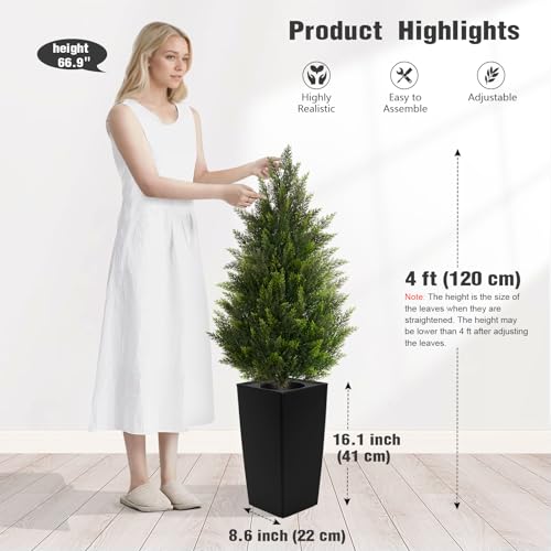 4FT Tall Artificial Cedar Topiary Tree with Compact Pyramidal Shape, Realistic Faux Cypress in Square Black Pot with Fillable Water Bag, Outdoor Evergreen for Front Porch Garden Home Decor - color: Black-pyramid Topiary, size: 4ft-1pack
