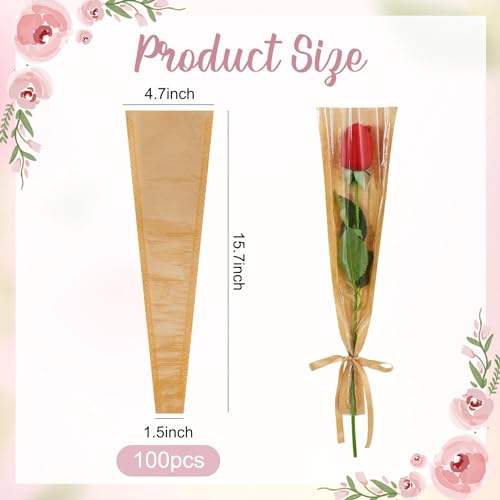 BEISHIDA 100 Pcs Single Rose Sleeve Bouquet Bags Kraft Paper Flower Bouquet Wrapping Paper Clear Single Flower Sleeve Rose Packaging For Mother's Day,Graduation,Wedding,Valentine's Day(15.7 X 4.7) - color: single-kraft-clear