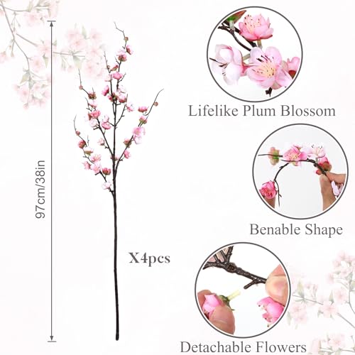 Betylifoy 4 Pcs Artificial Cherry Blossom Branches 38" Long Stems Faux Plum Blossom Flowers Faux Silk Cherry Blossom Stems Pink Fake Flowers for Vase Arrangement Home Wedding Table Spring Decor - color: Pink