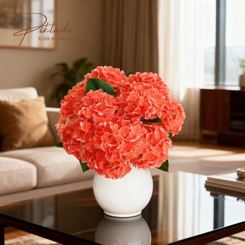 A Bunch 20in, Real Touch Hydrangea Artificial Flowers, with 5pcs Flower Head 8pcs Leaves, Faux Hydrangea Flowers for Home Office Decor Wedding Party Arrangements (1, Orange-red) - color: Orange-red, size: 1 Bunch