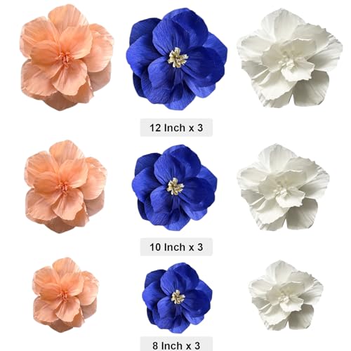 BRT Bearingshui Crepe Paper Flowers Decoration for Wall Total 9 Pcs, Artificial Flowers Backdrop for Wedding Decor Baby Bridal Shower Birthday Party, Navy Blue Coral White 3D Wall Flowers Decor - color: Coral Navy Blue White