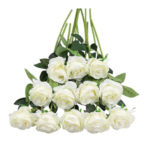 Tifuly White Roses Artificial Flowers -12 pcs Realistic Single Long Stem Fake Silk Roses Bouquet for Party Home Wedding Centerpiece Office DIY Decor（Off White） - color: White