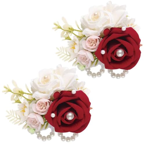 2Pcs Burgundy Dark Red Wrist Corsage for Wedding Prom, Artificial Rose Corsage Wristlet Bracelet for Bridesmaid Bride Flower Girl Party. (Dark-red, 2pcs Wrist Corsage) - color: Dark-red, 2pcs Wrist Corsage