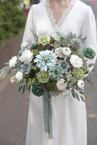 YYHUAWU Artificial Flowers Combo Set Fake Flower Leaf Box with Stems for DIY Wedding Bouquets Centerpieces Arrangements Baby Shower Party Home Decorations (Tiffany Blue & Forest Green) - color: Light Blue & Forest Green