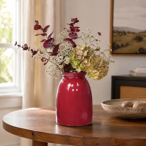 hjn Red Ceramic Vase Modern Minimalist Table Centerpiece, Round Smooth Flower Holder for Living Room, Shelf, Mantel, Wedding & Home Decor-8.3" H - color: Red