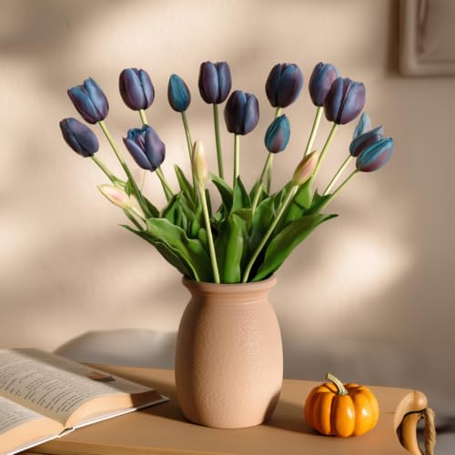 15 Pcs Artificial Flowers Tulips Real Touch Latex Plastic Soft Faux Bouquets for Party, Wedding, Home, Room, Garden Decor (Vintage Purple Blue) - color: Vintage Purple Blue