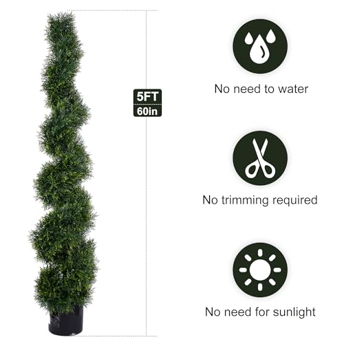 5FT Spiral Artificial Topiary Trees, Artificial Outdoor Plants - Faux Cedar Trees for Front Porch Indoor Outdoor Decor Artificial Plants UV Resistant Set of 2 - size: 5ft