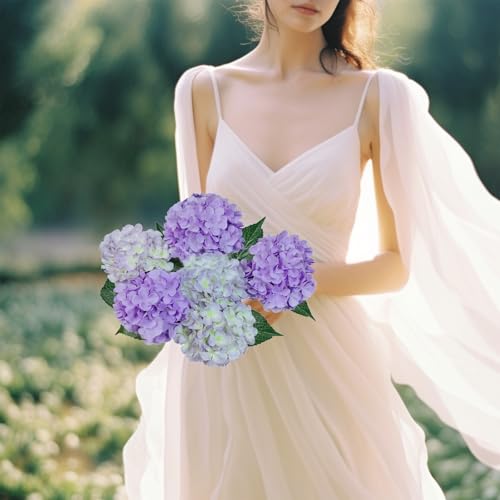 6PCS Premium Purple Hydrangea Artificial Flowers Bouquets, Light Purple Silk Hydrangea Flowers Heads with Stems, Fake Hydrangeas Flowers Arrangement, Faux Hydrangea Decor for Home Wedding Party Table - color: Purple and Light Purple