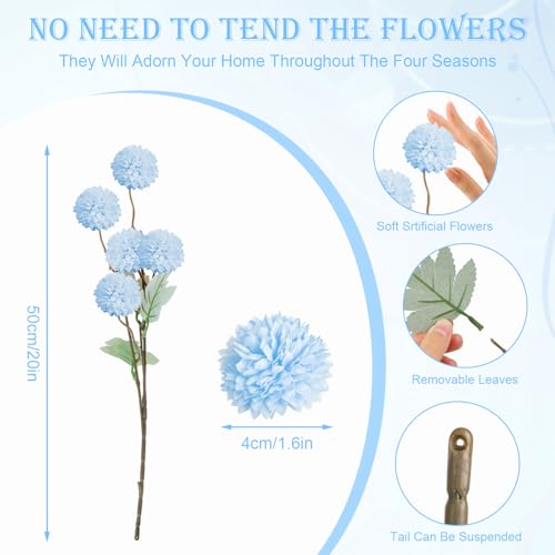 INQCMY Artificial Flowers 12 Pcs Fake Chrysanthemums Faux Kiku Flower Long Stem 20" Realistic Silk Pompon Mums for Vase Wedding Bouquets Centerpieces Home Decor (Blue) - color: Blue