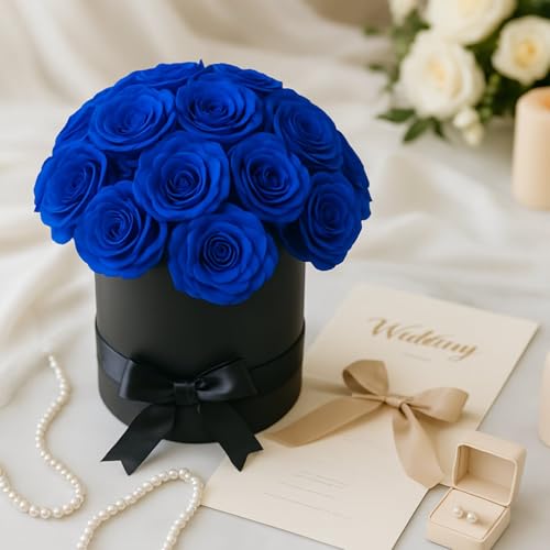 Efavormart 27pcs Royal Blue Artificial Rose Centerpiece in Black Gift Box, Prearranged Bold Silk Roses for Statement Gifting and Modern Interior Accents - color: Royal Blue Rose01