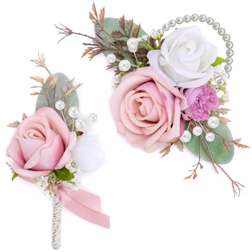 Rose Corsage and Boutonniere Set, 2PCS Handmade Artificial Flower Bride Wrist Corsage Wristlet Bracelets Wristband Men Boutonniere for Wedding Prom Suit Decorations (Pink) - color: Pink
