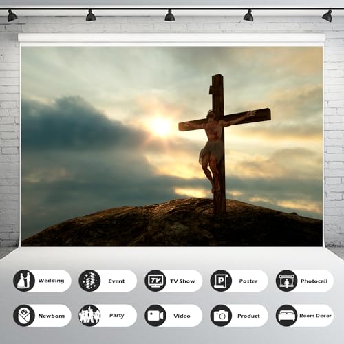Jesus Christ Cross Backdrop Cross on The Mountain Sunrise Sunset Sky Photography Background Sepulcher Lord Pray Christian Belief Backdrop Church Event Easter Crucifixion Party Decors 5x3ft - color: Black_Grey, size: 5x3ft