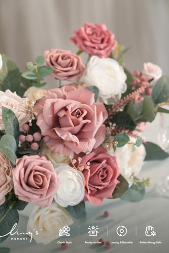 Ling's moment Fake Flowers Box, Faux Artificial Greenery Stems Foam Roses Berry Silk Peonies Eucalyptus Fabic Flower for Centerpieces Bouquet Wedding Floral Vase, Cinnamon Rose & Ivory, Grand Combo - color: Pk-cinnamon Rose & Ivory, size: Grand