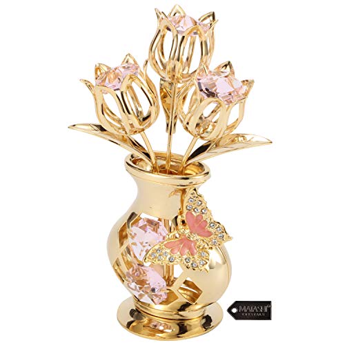 Matashi Crystal Studded 24K Gold Plated Flower Ornament with Pink Crystals and Butterfly Vase – Elegant Tabletop Accent for Living Room – Keepsake Gift for Women, Mom, Wife, Grandma, Birthday - color: Pink Crystal