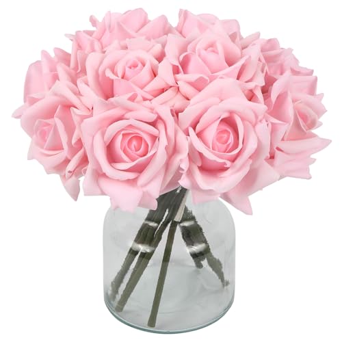 IPOPU 2 Bouquets 10PCS Real Touch Light Pink Roses Artificial Roses with Stems for Wedding Party Home Table Centerpieces Decoration(Light Pink) - color: Light Pink
